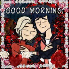 a couple of cartoon characters hugging each other with the words good morning written on the bottom