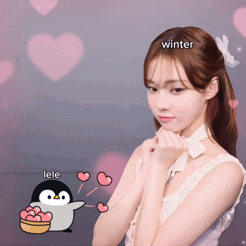 a picture of a girl with a penguin and the words lele and winter above her