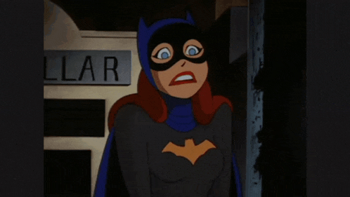 a cartoon of a woman in a batman costume is smiling in front of a sign that says ar