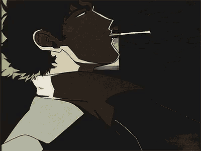 a man is smoking a cigarette in a cowboy bebop cartoon .
