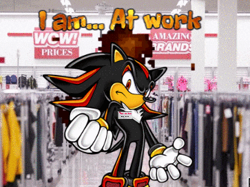 shadow the hedgehog is standing in front of a clothing store with the words i am at work above him