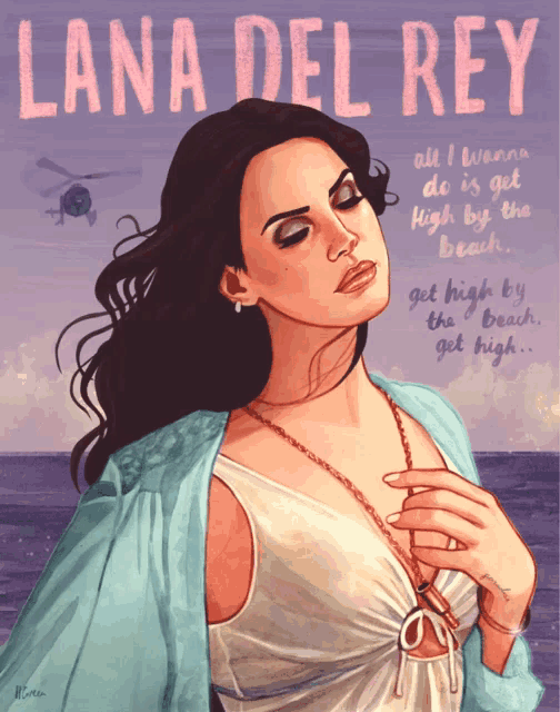 a poster for lana del rey shows a woman in a white dress