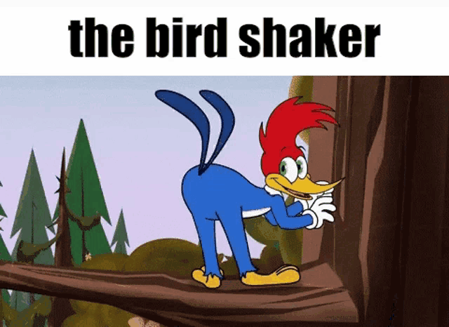 woody woodpecker is standing on a tree branch with the words " the bird shaker " above him