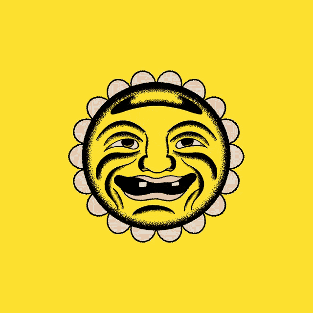 a cartoon drawing of a sun with a face on it on a yellow background