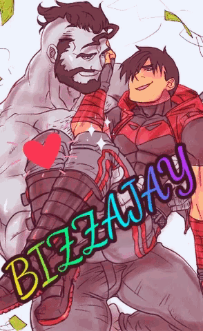 a drawing of a man carrying another man with the words bizzajay written on the bottom