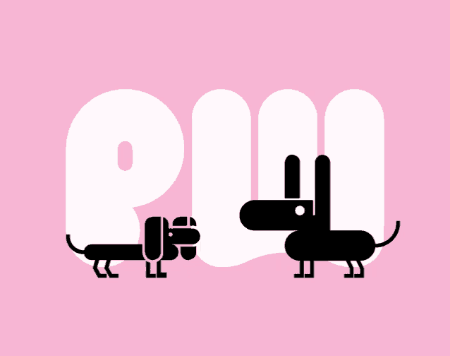 two black dachshunds are standing next to each other on a pink background with the letter p on it