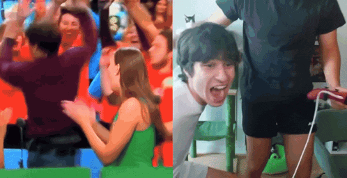 a woman in a green top is dancing in front of a crowd