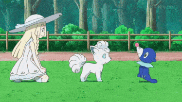 a girl in a white dress is standing next to a white pokemon and a blue pokemon .