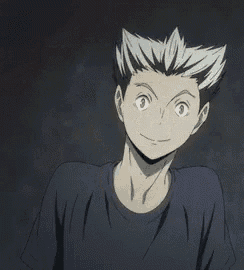 a close up of a person 's face with a gray haired anime character wearing a blue shirt .