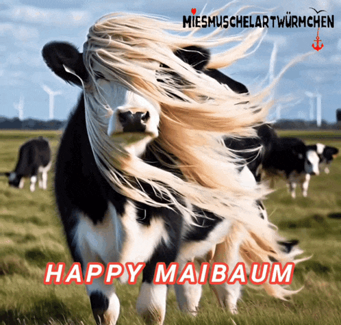 a picture of a cow with long hair and the words happy maibaum on the bottom