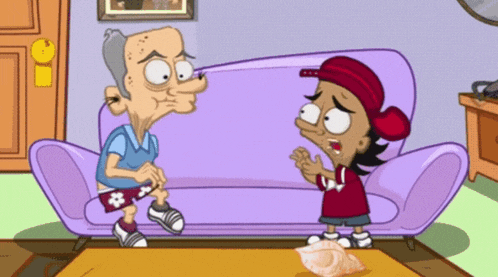 a cartoon of an old man and a young boy sitting on a purple couch