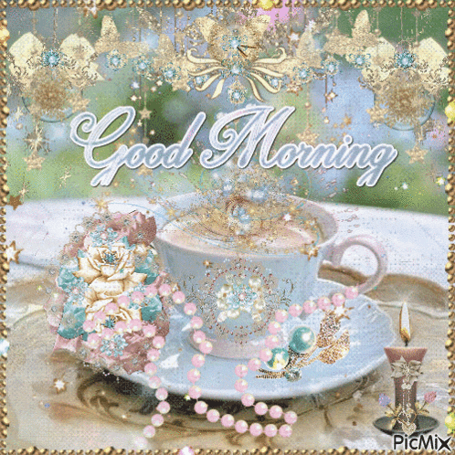 a cup of coffee on a saucer with the words good morning written on it