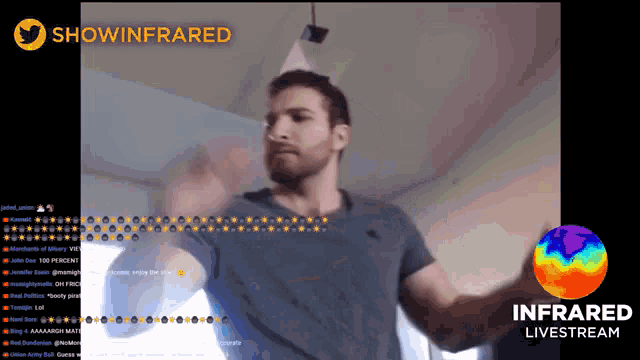 a man is dancing in front of a screen that says infrared live stream