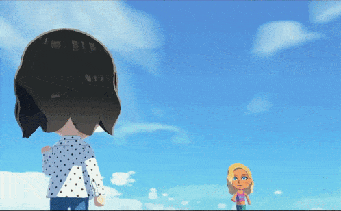 two cartoon characters standing in front of a blue sky with clouds