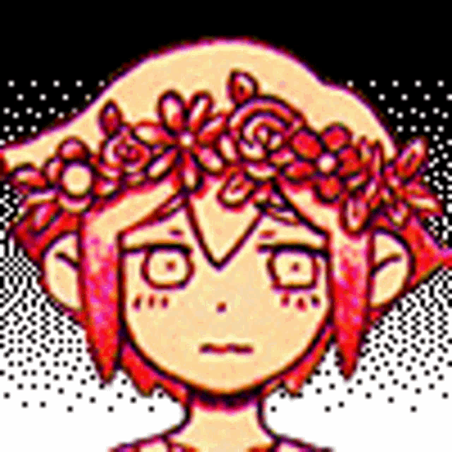 a pixel art drawing of a girl with a crown of flowers on her head .