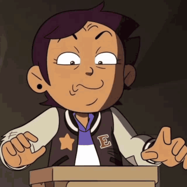 a cartoon character wearing a jacket with the letter e on the sleeve