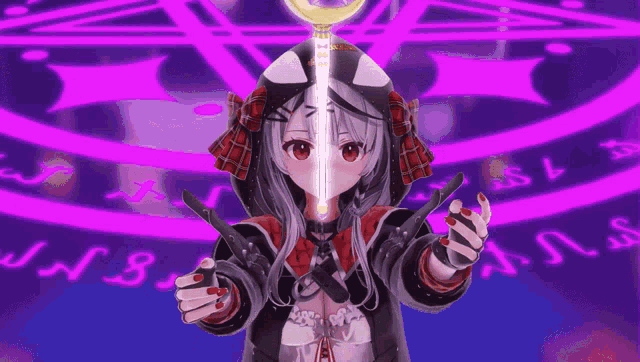 a girl with red nails is holding a sword in front of a purple circle that says ns on it