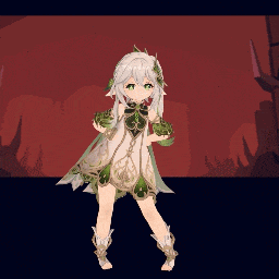 a pixel art of a girl with white hair and green leaves on her outfit