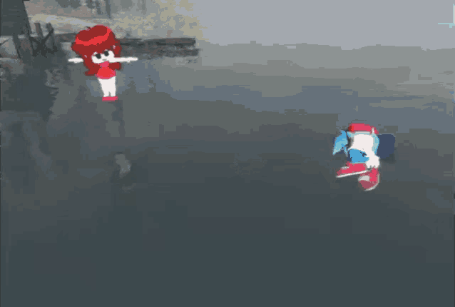 a cartoon character is floating in the water next to a skeleton