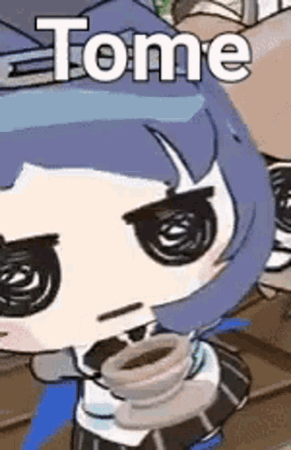 a close up of a cartoon character with the name tome on it