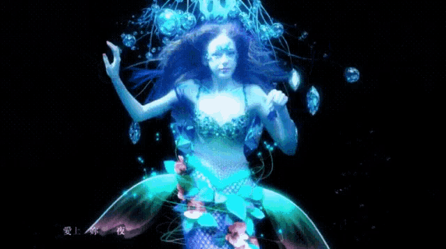 a computer generated image of a mermaid with bubbles surrounding her