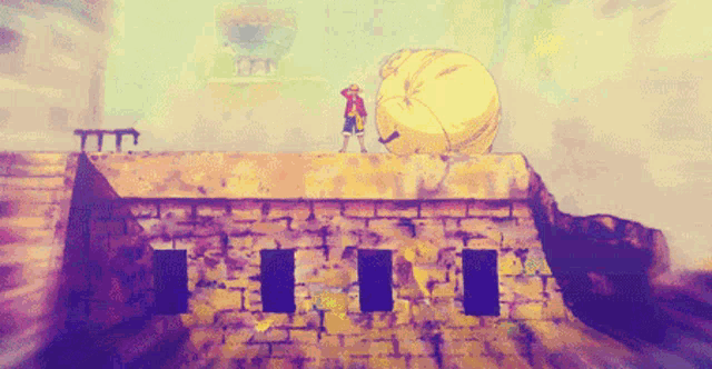 a cartoon drawing of a man standing on top of a brick building