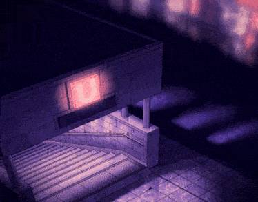 stairs leading up to a building with the letter u lit up
