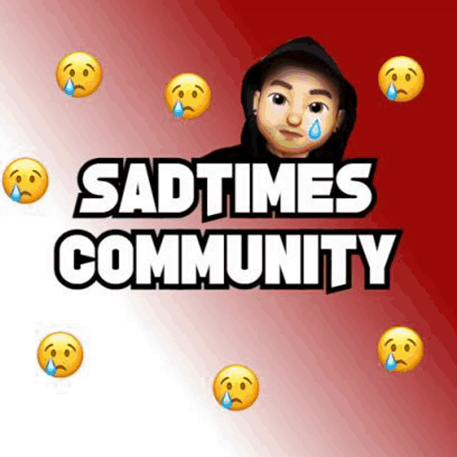a sad times community logo with a man in a hoodie and tears coming out of his eyes .