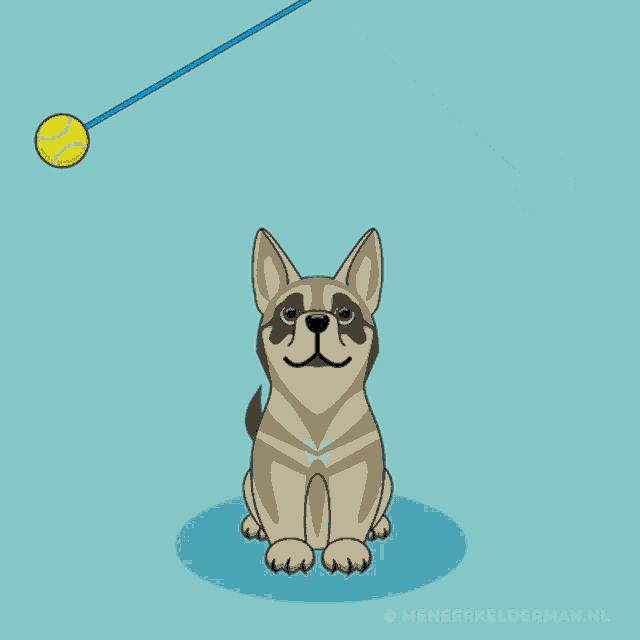 a cartoon of a dog playing with a tennis ball with the watermark meneerkelderman.nl