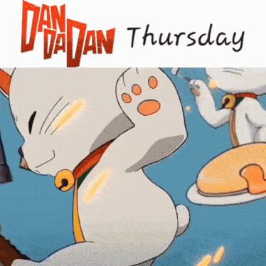a poster for dan dan thursday shows a cat with a bell around its neck