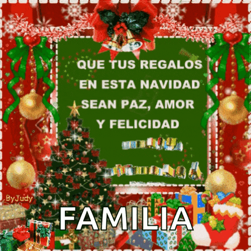 a christmas card in spanish with a christmas tree and gifts