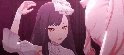 a girl with long black hair is wearing a white dress and a hat .