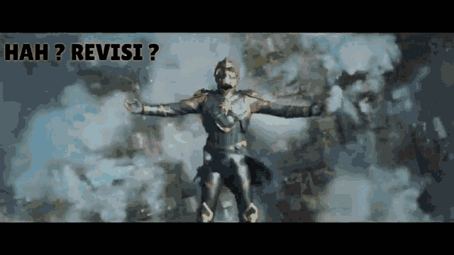 a man in a superhero costume is flying through the air with the words " hah ? revisi ? " above him