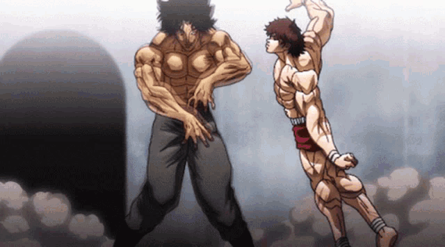 two muscular men are standing next to each other in an anime scene