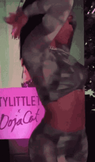 a woman stands in front of a sign that says tylittle doja cat