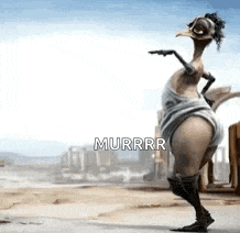 a cartoon duck is standing on a sidewalk in the desert and making a funny face .