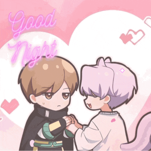 a couple of cartoon characters holding hands with the words good night written above them