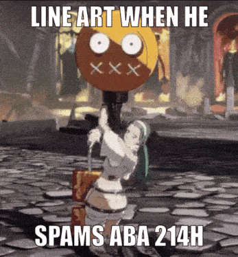 a cartoon of a girl holding a sign that says line art when he spams aba 214h on it