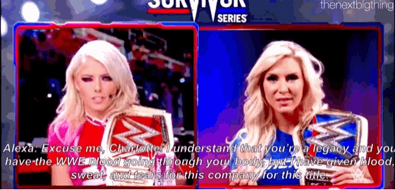 two blonde women holding a wwe championship belt on a tv screen