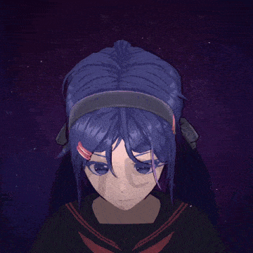 a girl with blue hair is holding a purple object in her hand