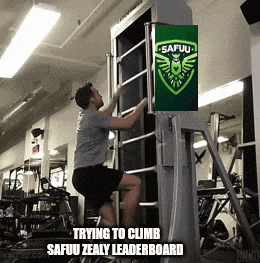 a man is trying to climb the safuu zealy leaderboard in a gym