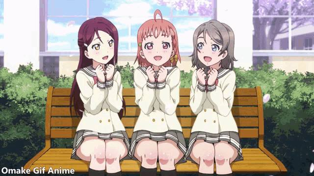 three anime girls are sitting on a bench with omake gif anime in the corner
