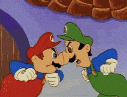 a cartoon of mario and luigi kissing each other