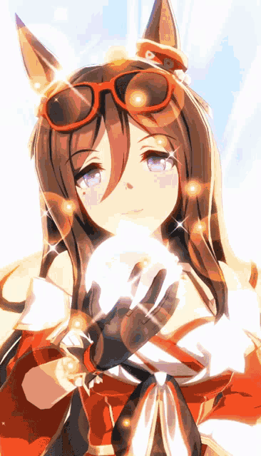 a girl with glasses and gloves is holding a ball in her hands
