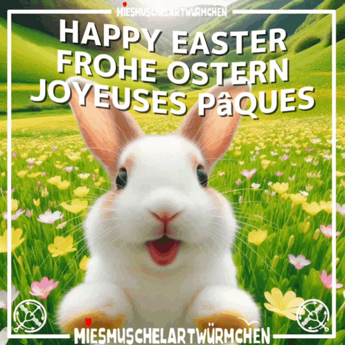 a picture of a white rabbit with the words happy easter written on it