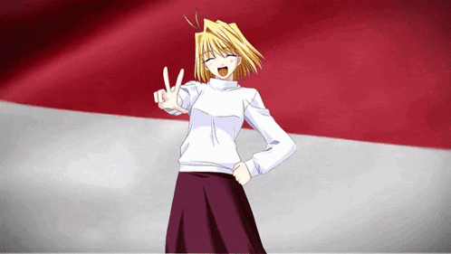 a girl in a white shirt and purple skirt is giving a peace sign