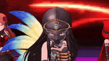 a video game character with a mask on her face and feathers on her wings