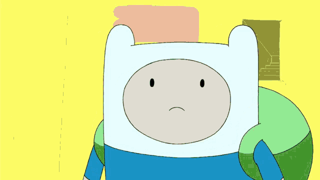 a cartoon character with a sad face and a green backpack