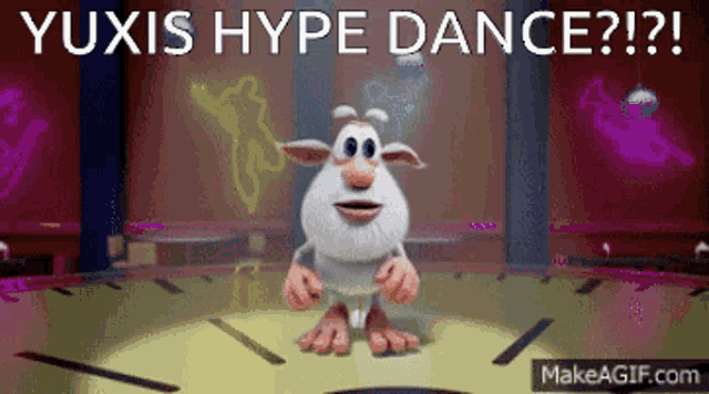 a cartoon character is dancing in front of a clock with the caption " yuxis hype dance "