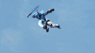 a robot is flying through a futuristic circle with a blue and purple background